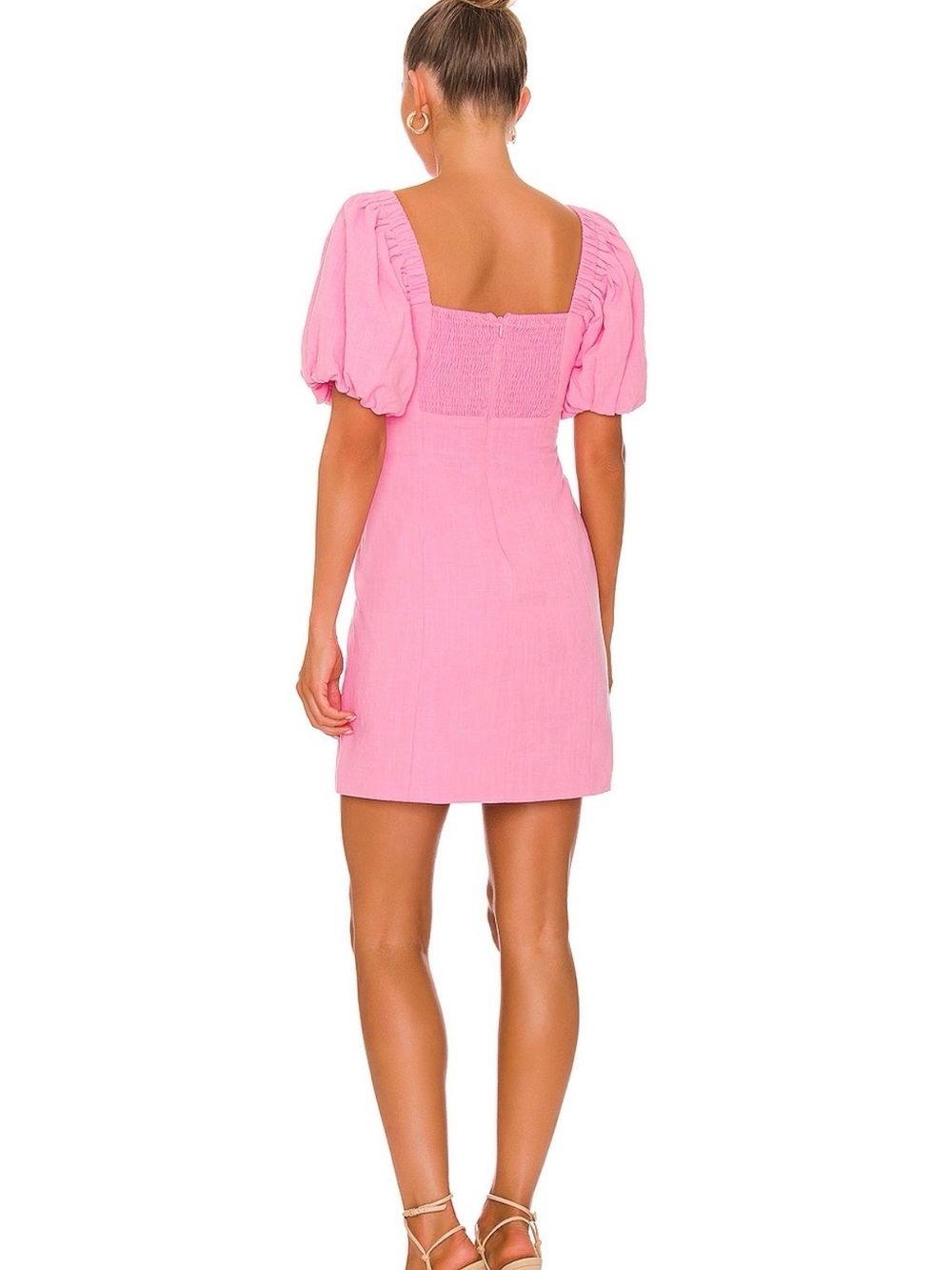 NWT SDNY Revolve Tuscany Linen Square-Neck Mini Dress with Puff Sleeves in Pink - Picture 2 of 6